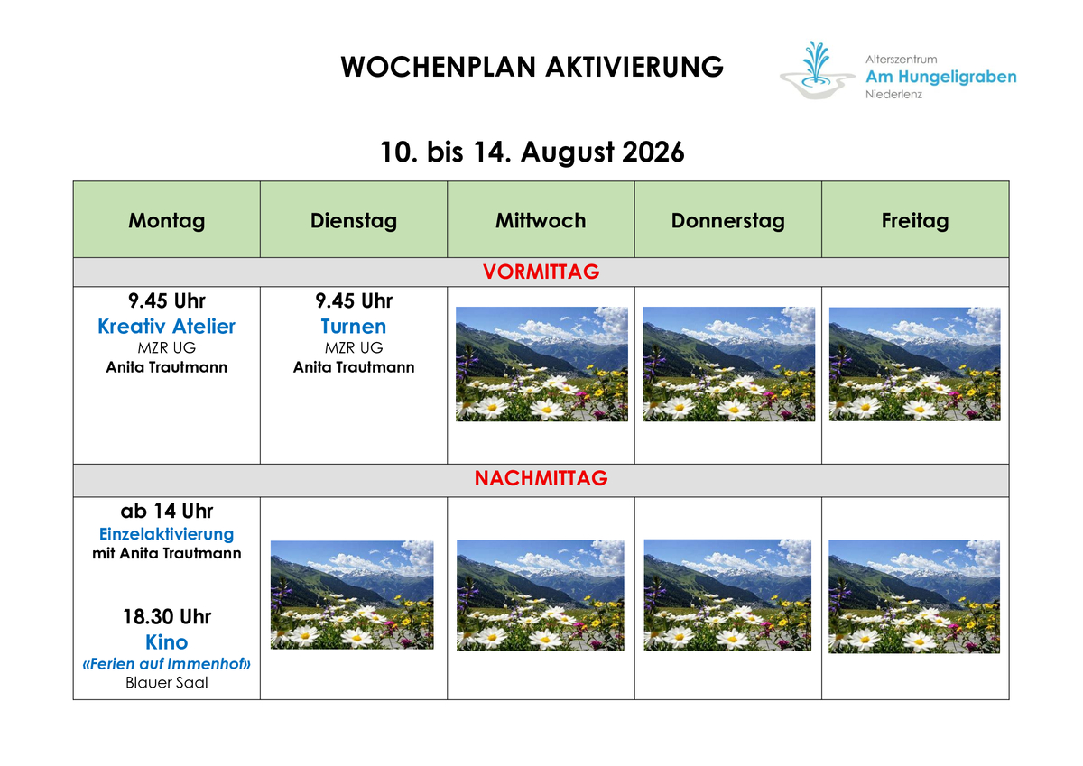 Wochenplan Aktivierung der nächsten Woche