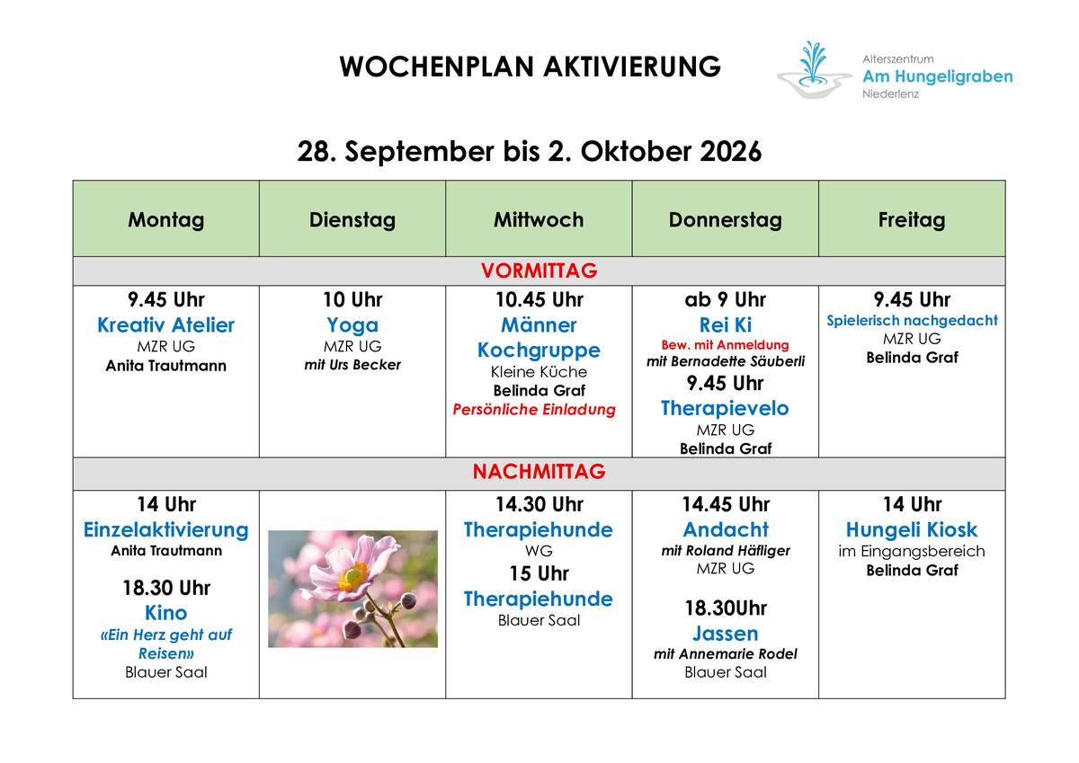 Wochenplan Aktivierung der nächsten Woche